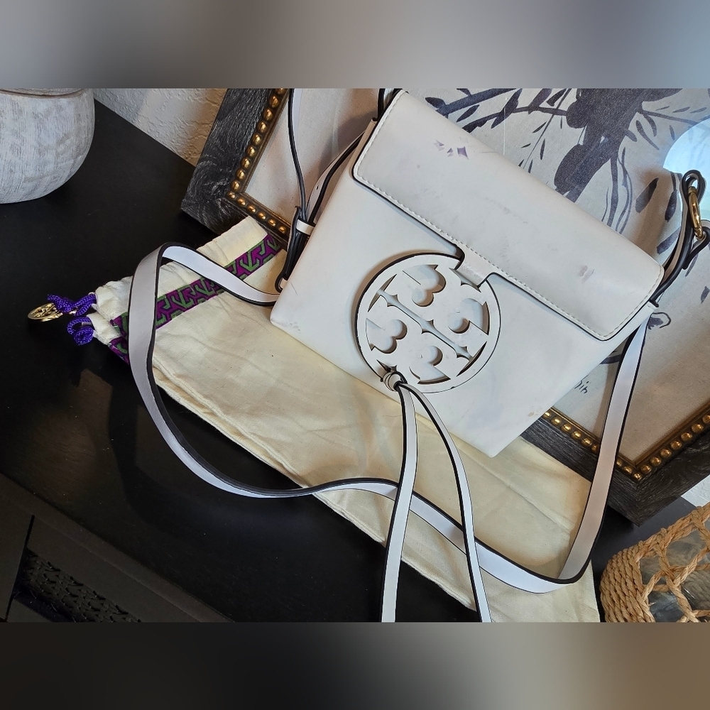 Tory Burch Miller Logo Soft White Leather Flap Crossbody Bag